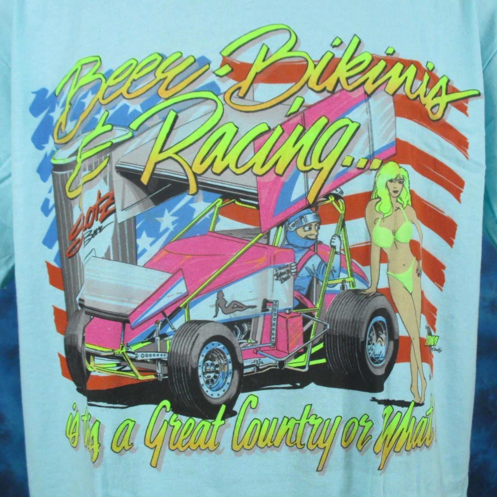 

vtg 80s SPRINT CAR RACING BEER BIKINI T-Shirt L hot rod cartoon world of outlaws S