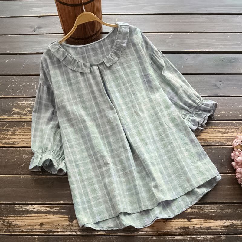 

Летняя женская свежая свободная клетчатая рубашка с короткими рукавами и оборками на воротнике, топы XXL