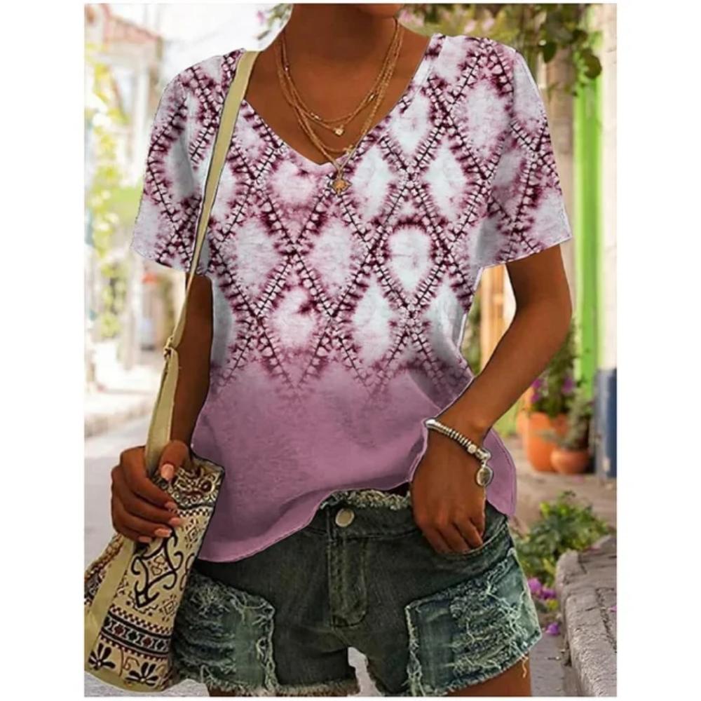 3D V Neck T Shirt Vintage Women Mixed Floral Pattern Print Summer Ladies Shirt Tops Street Trend Loose Plus Size Ladies Tops