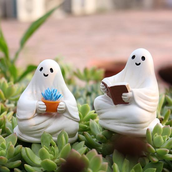 Yousheng 2 Pcs Sitting Ghost Ornaments Reading Ghost Figurine Resin Ghost Holding Potted Plant Statue Halloween Decor for Cabinet Mantel