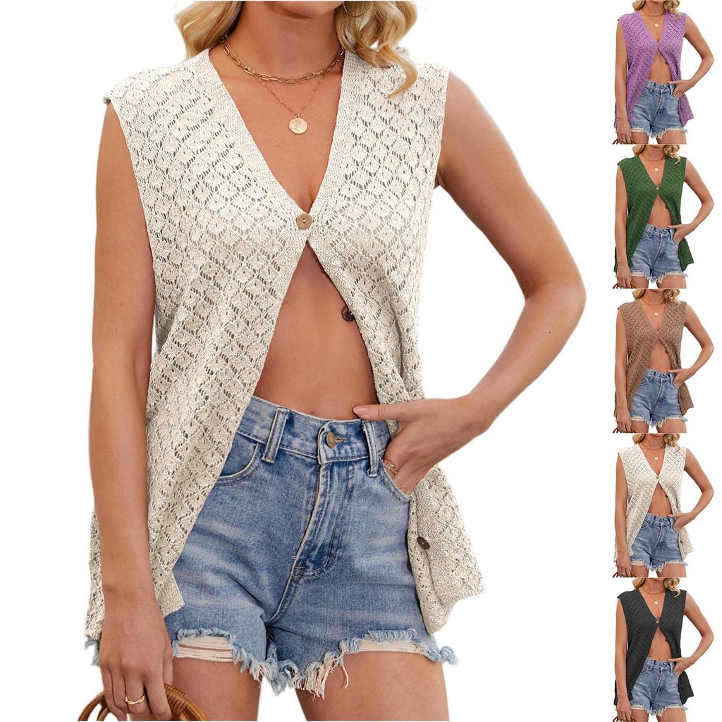 Gilet lavorato a maglia da donna con scollo a V e bottoni Cardigan lavorato a maglia Top
