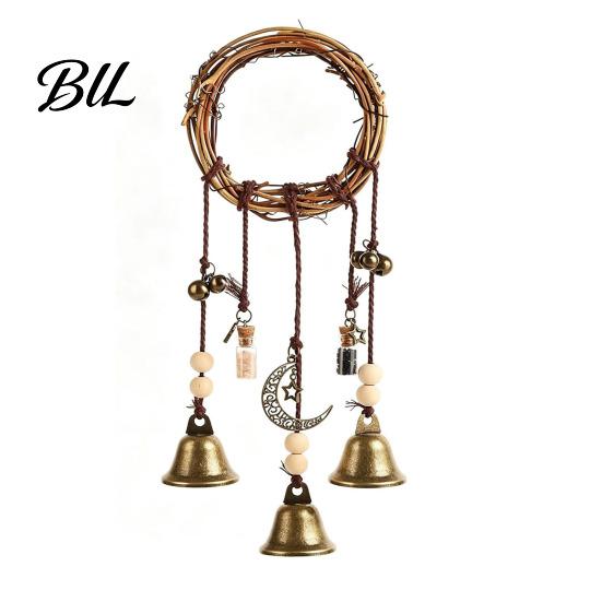 Vintage Metal Bells for Porch 2PCS Witch Door Knob, Hanging Bell Wind Chime with Moon Nature Inspired Rattan Pendant Star Charms, Handmade Decorative