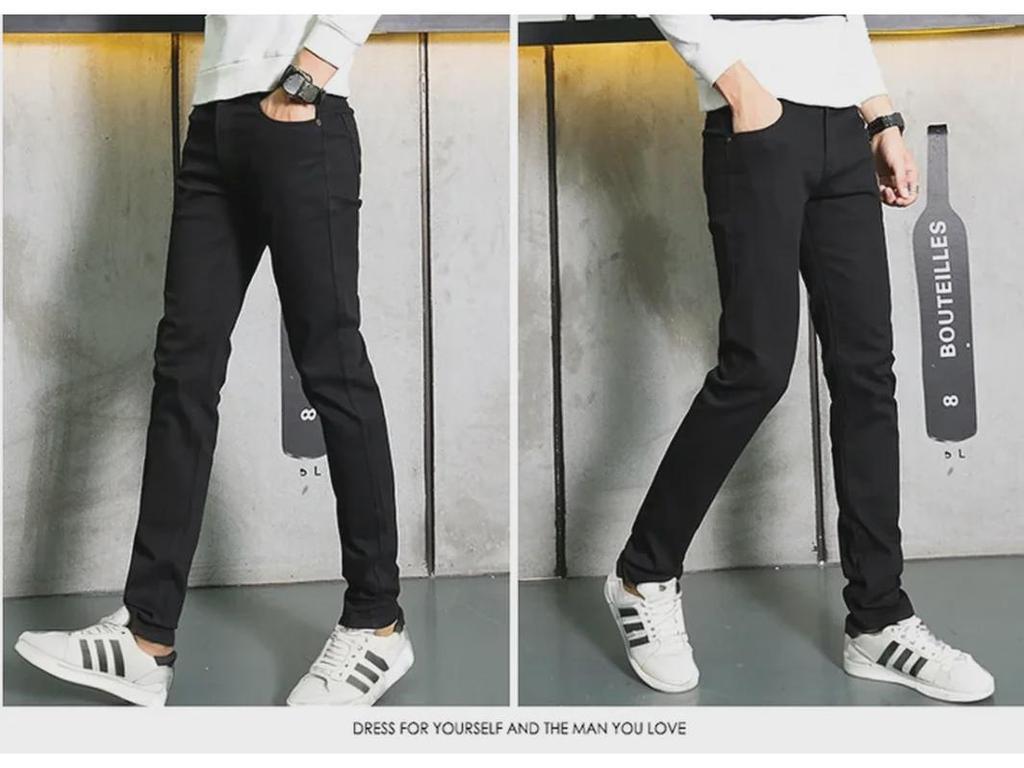 Men's Slim Fit Black Elastic Jeans - Korean Style Trendy Casual Trousers
