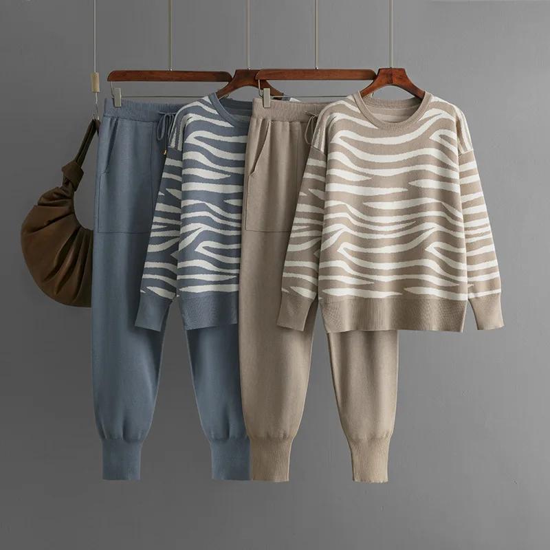Maglioni e maglioni a maniche lunghe con scollo a V e stampa leopardata da donna, completi in maglia coreana da 2 pezzi, pantaloni harem a vita alta.