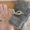 Autumn new Korean rabbit fur solid color cute pearl bow knitted wool finger gloves
