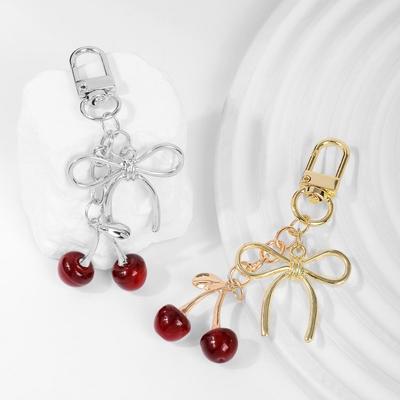 Elegant Pastoral Gold & Silver Chain Bowtie Faux Cherry Keychain Charm