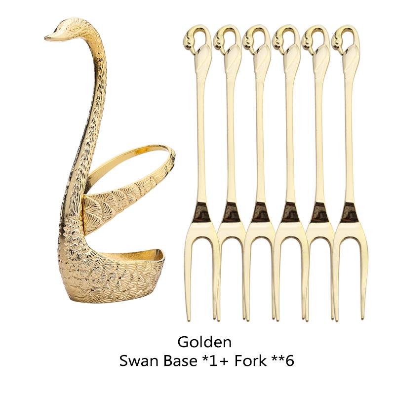 Stainless Steel Swan Base Holder with 3 Dessert Forks Coffee Spoons Set Tableware Home Decor Swan Base Holder Fruit Forks Set