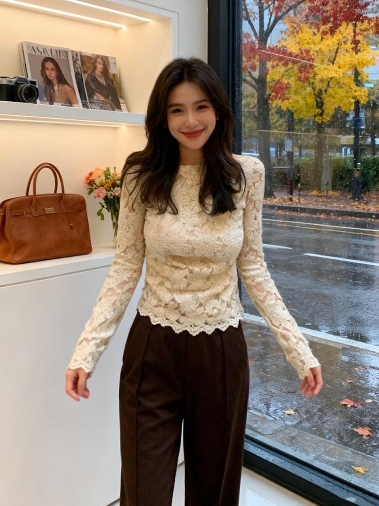 Elegant French Lace Slimming Long-Sleeve Top