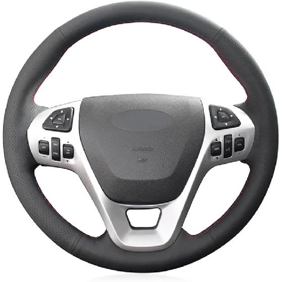 

Підходить для Ford Explorer 2011-2019, Накладка на кермо зі швом, Чорна накладка на кермо автомобіля, Шкіряна обмотка керма, Автомобільні аксесуари Red Thread