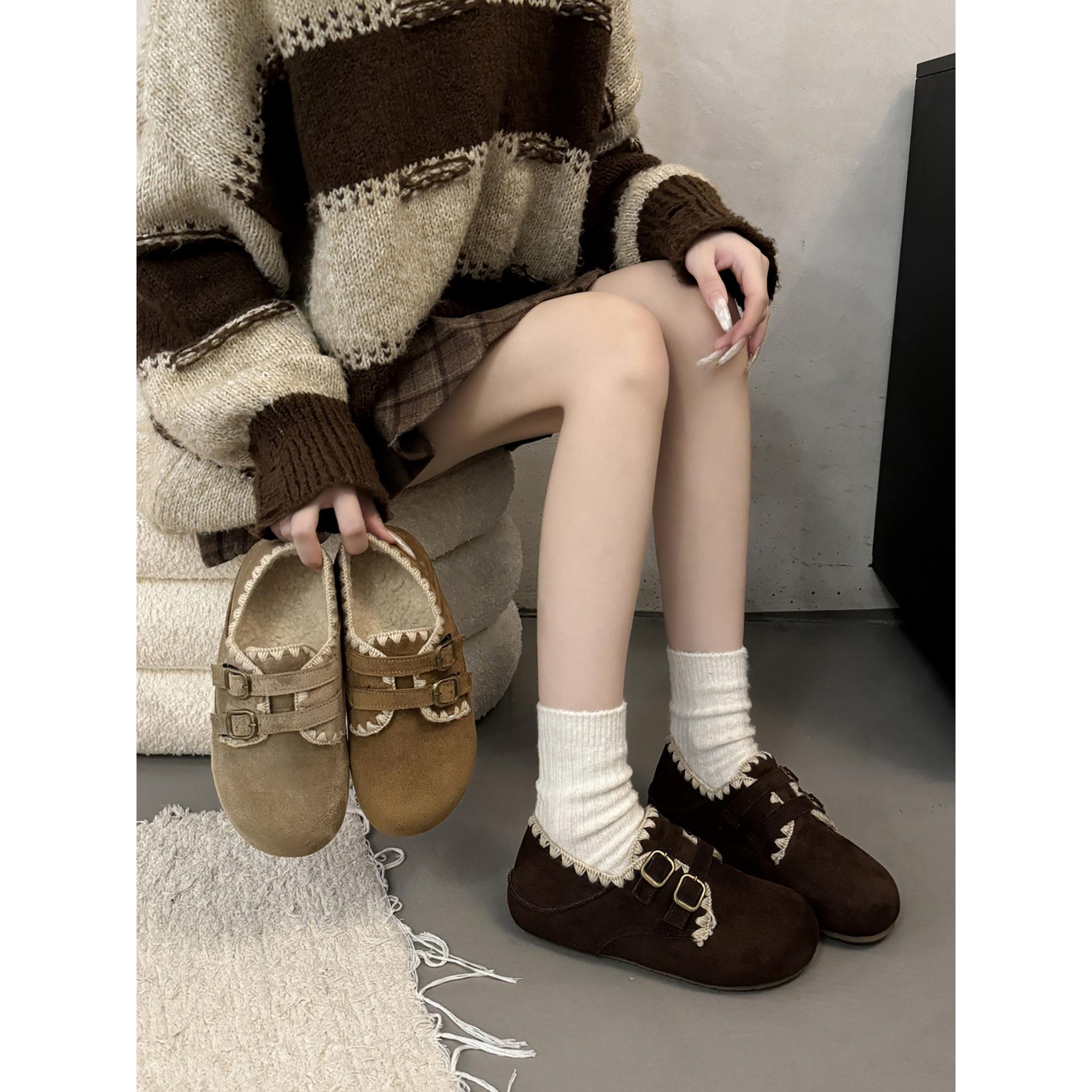 

Retro velvet two wear inner heightening thick sole all-inclusive Birkenstocks, women s autumn and winter outer wear thermal cotton shoes 40 хакі