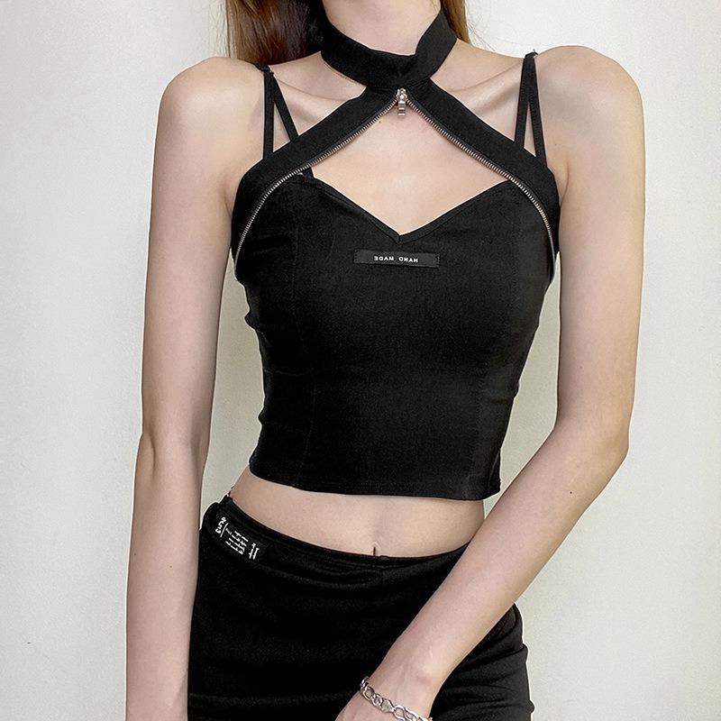 Fashion New Summer Women s Solid Color Stitching Hollow Halterneck Slim Sexy Navel-baring Vest S чёрный