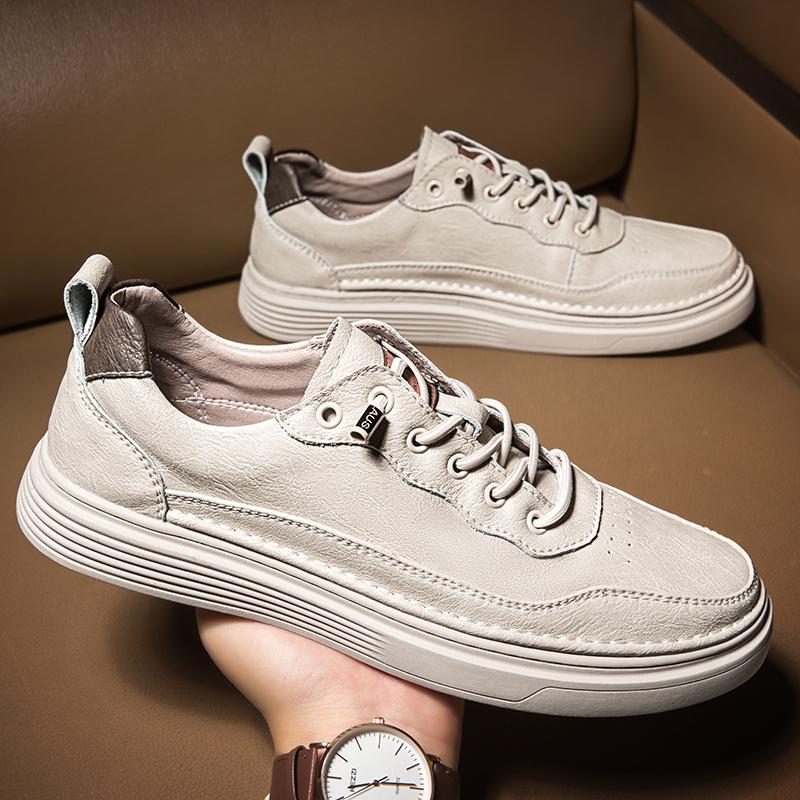 Mens Board Sneakers Lace Up Spring Autumn Mens Casual Shoes Men Genuine Leather Shoes Soft Bottom Men Brown/ Black/beige Shoes