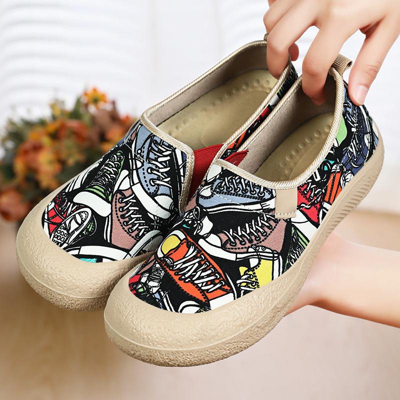 Women's Breathable Mom Shoes Soft Flat Sole Slip-On Spring Casual Cloth Shoes Orthopedic Comfort Lightweight Non-Slip Wide Width