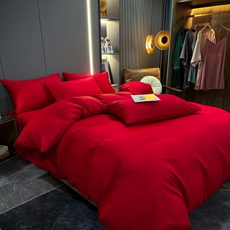 Set de pat de nuntă mare roșu din patru piese, bumbac spălat, simplu, culoare solidă, husă de pilotă