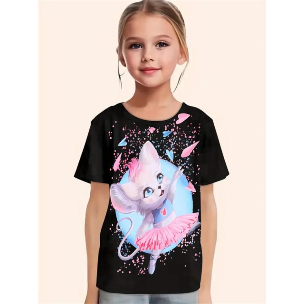Roupa de Menina 2025 Gato de Desenho Animado Animal Fofo Estampa 3D Moda Casual Camisetas Engraçadas Camisetas de Menina Top de Verão de Manga Curta