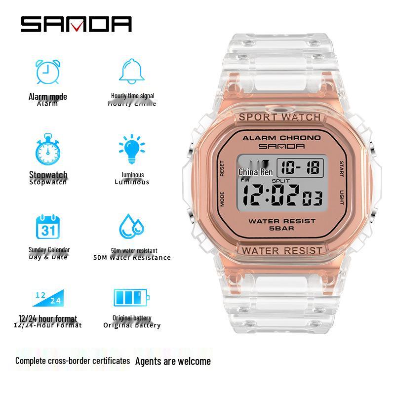 Sanda Waterproof Multi-functional Transparent Sports Watch for Students