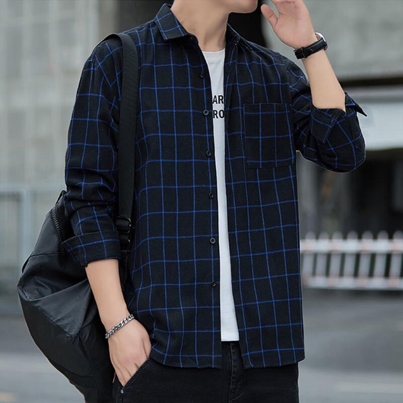 ROMON Men's Loose Fit Plaid Long Sleeve Shirt
