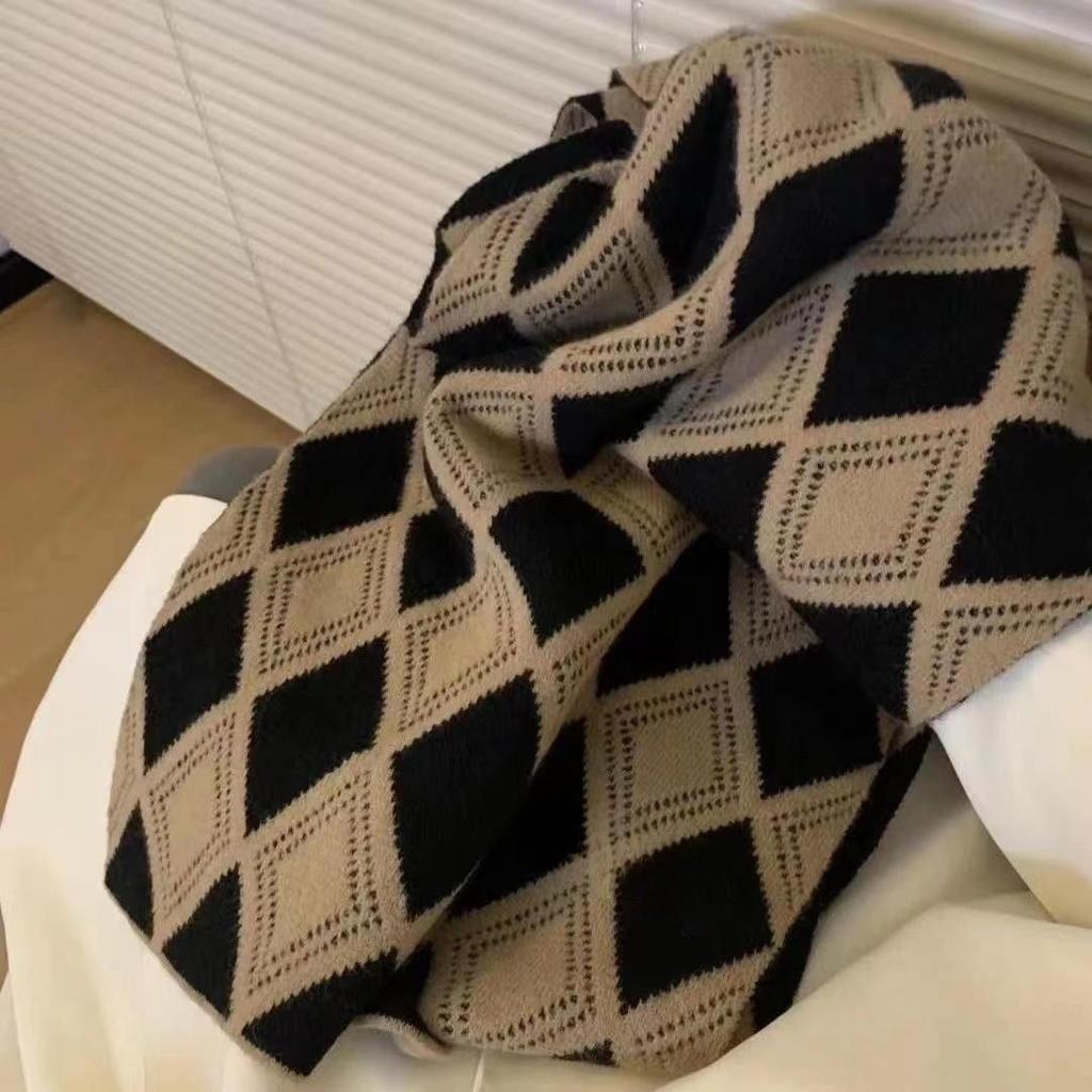 Winter Korean Style Versatile Warm Scarf Women's Knitted Thickened Diamond Plaid Retro Lazy Style Neck Warmer