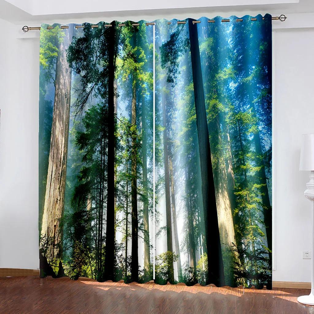 3D Curtain Tree Scenery for Bedroom, Autumn Forest Sunset Print, Light Curtain, Essential Polyester, 2 Panels