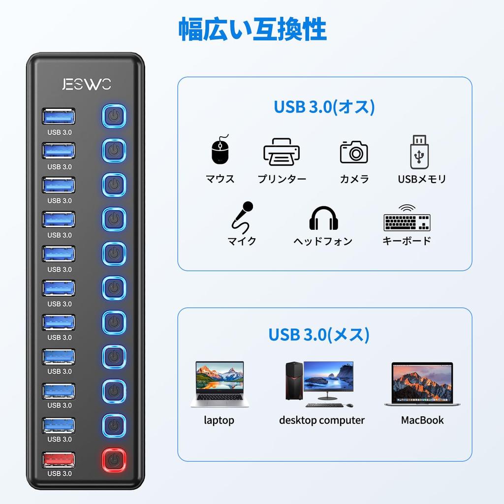 JESWO USB Hub with Power USB Hub with 10 Expansion Ports 1 Charging 5Gbps Data USB Expansion with Independent 12V 3A AC Compatible with Surface and