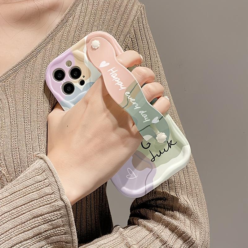 Color Block Smile Pattern Phone Case, Minimalist Cream Shell with Wrist Support, Compatible with iPhone 11 To 16 Pro Max Series.