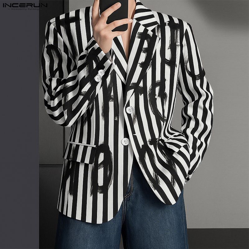 INCERUN Oversized Spring Men Lapel Neck Long Sleeve Striped Button Thin Blazer Coats