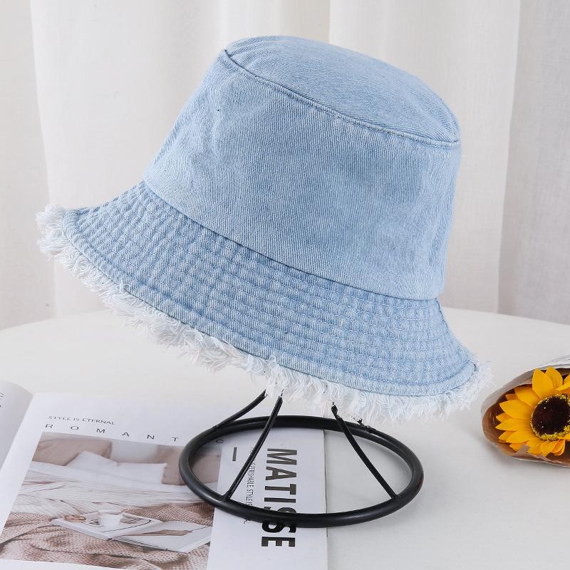 Spring and summer old retro versatile face covering solid color rough edge denim bucket hat woman