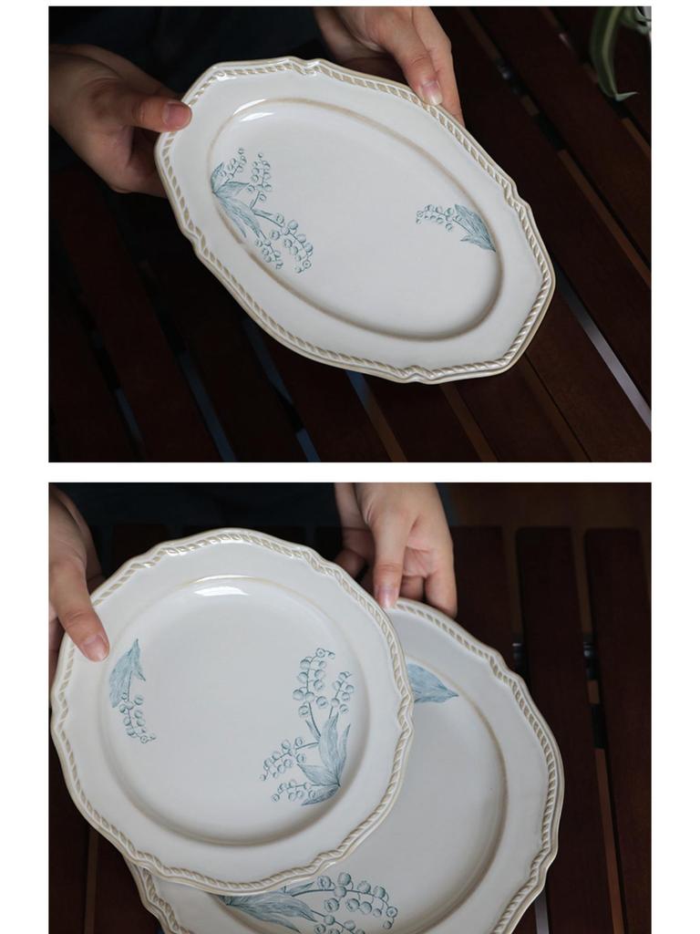 French Retro Lily of the Valley Tableware Set: Ceramic Dinner Plates, Rice Bowls, Steamed Fish Plates, and Household Dish Set.