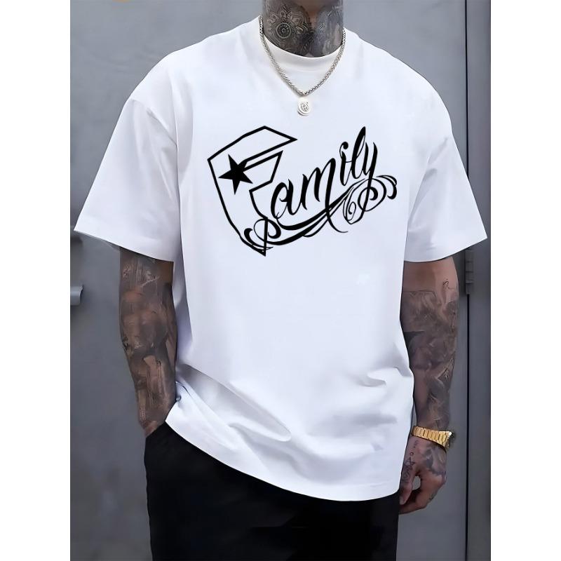 

European sizes Men s Retro Oversized Fit Soft Cotton Blend T-Shirt - White & Black Contrast Family Print with Greek Key-like Star & Family Lettering S белый