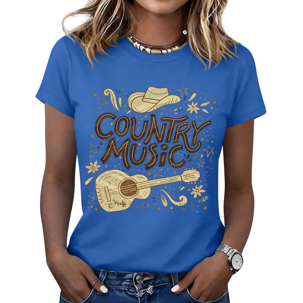 Women's Fashionable Casual Music Festival Print Round-Neck Short-Sleeve T-Shirt