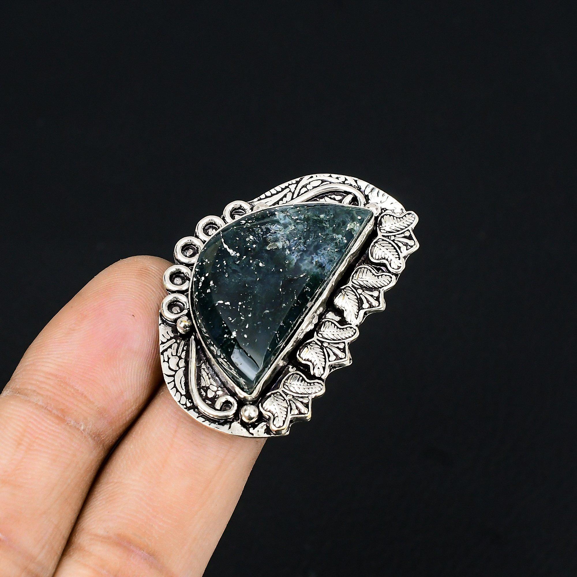 Gift For Her 925 Silver Natural Solar Moss Agate Gemstone Promise Ring Size 6.5 6.5