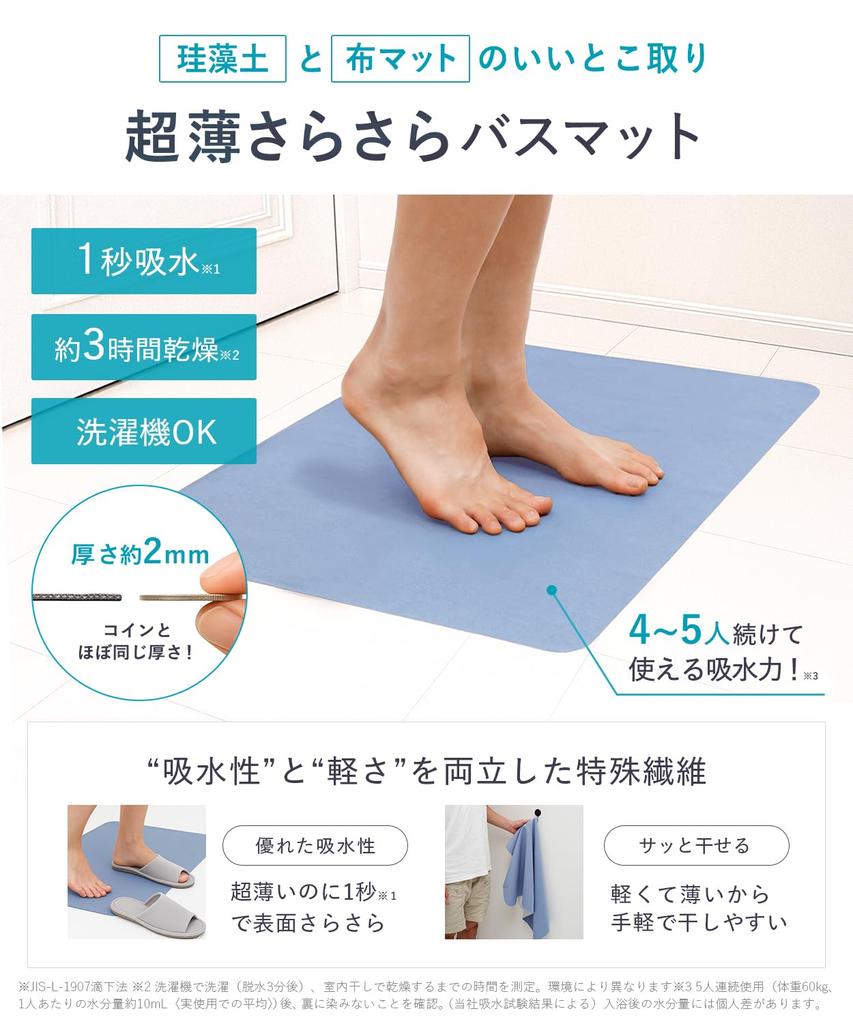 Shogeki SHOCK Magisches Bad Groß Hergestellt aus unglaublich dünnem und hochsaugfähigem Ultra-Dünn, Glatt, Matt, (50x80cm), Blau, Japan, Rutschfest,