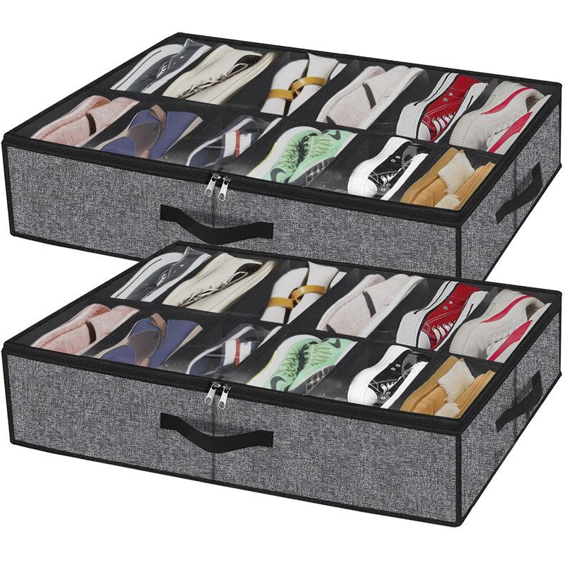 Multi partition visible transparent cover storage box under the bed,portable and foldable non-woven fabric grid shoe storage box