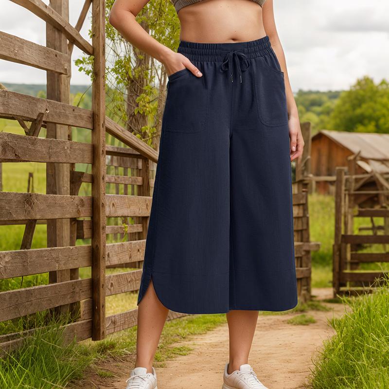 Women Spring Fall Fashion Wardrobe Staple Solid Color High-Waisted Wide Leg Capri Pants Trousers with Pocket