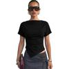 Damen Slim Fit Raffung Kurzarm T-Shirt Top Asymmetrischer Saum Dehnbar Lässige Bluse für den täglichen Gebrauch