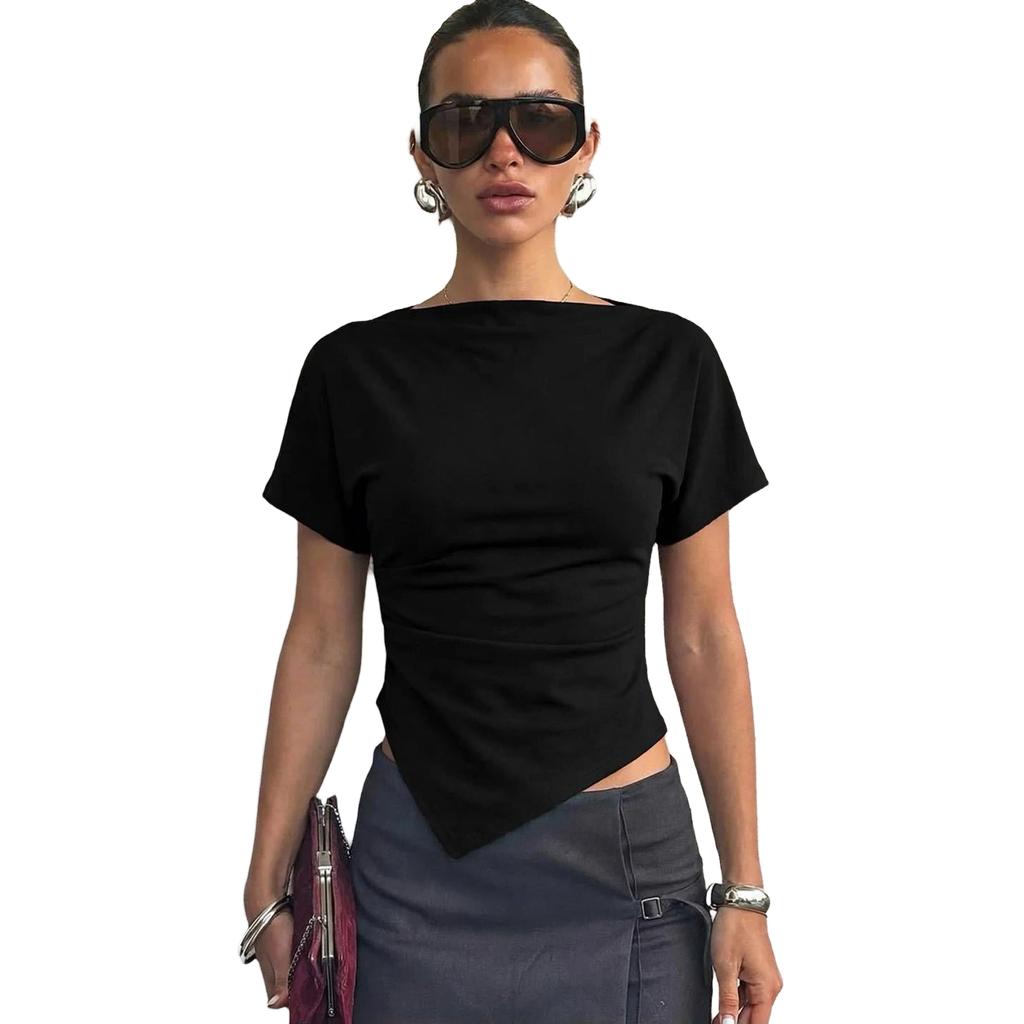 Damen Slim Fit Raffung Kurzarm T-Shirt Top Asymmetrischer Saum Dehnbar Lässige Bluse für den täglichen Gebrauch