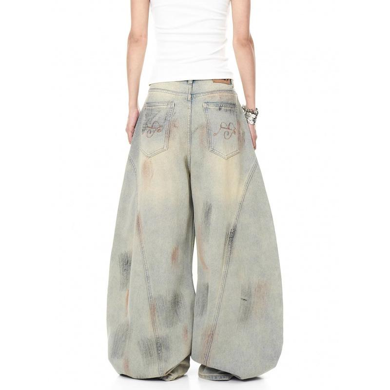 JYL Unisex Wide-Leg Jeans Wasteland Mud Dyed Couple Loose HipHop Floor-Length Denim S бездна