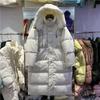 Winter Big Quilt Down Jacket Women's Medium and Long Over the Knee Loose Thickened White Duck Down Take-off Hat Jacket