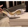 Sheepskin Version~ Baotou Sandals Women's Legs Length 7cm Thin Heels Bow High Heels Pointed Empty Single Shoes