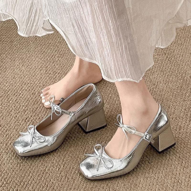 Schleife ein Wort Riemchen High Heels Frühling neu Mary Jane Schuhe Ballerinas eckige Spitze dicker Absatz flacher Ausschnitt Einzelne Schuhe