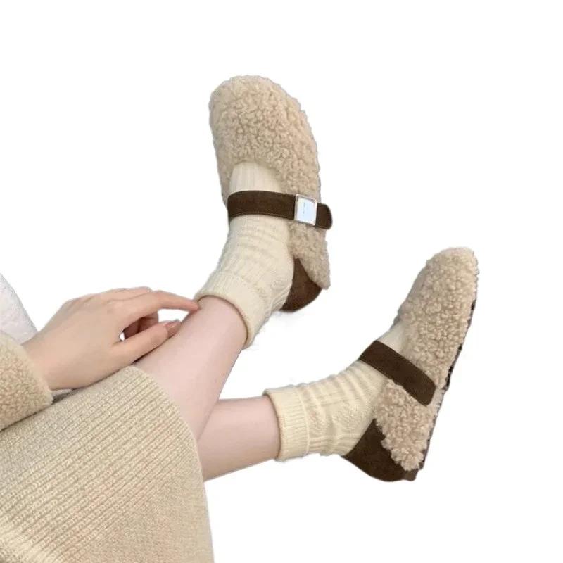 Fashion Color Matching Women's Flats  2024 Hot Sale Ladies Shoes Buckle StrapCasual Flat Shoes New Short Plush Flat Low Heels