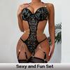 Women's One-Piece Suspender Flower Embroidered Mesh Teddy Doll Metal Chain Strap One-Piece Underwear Boudoir Set