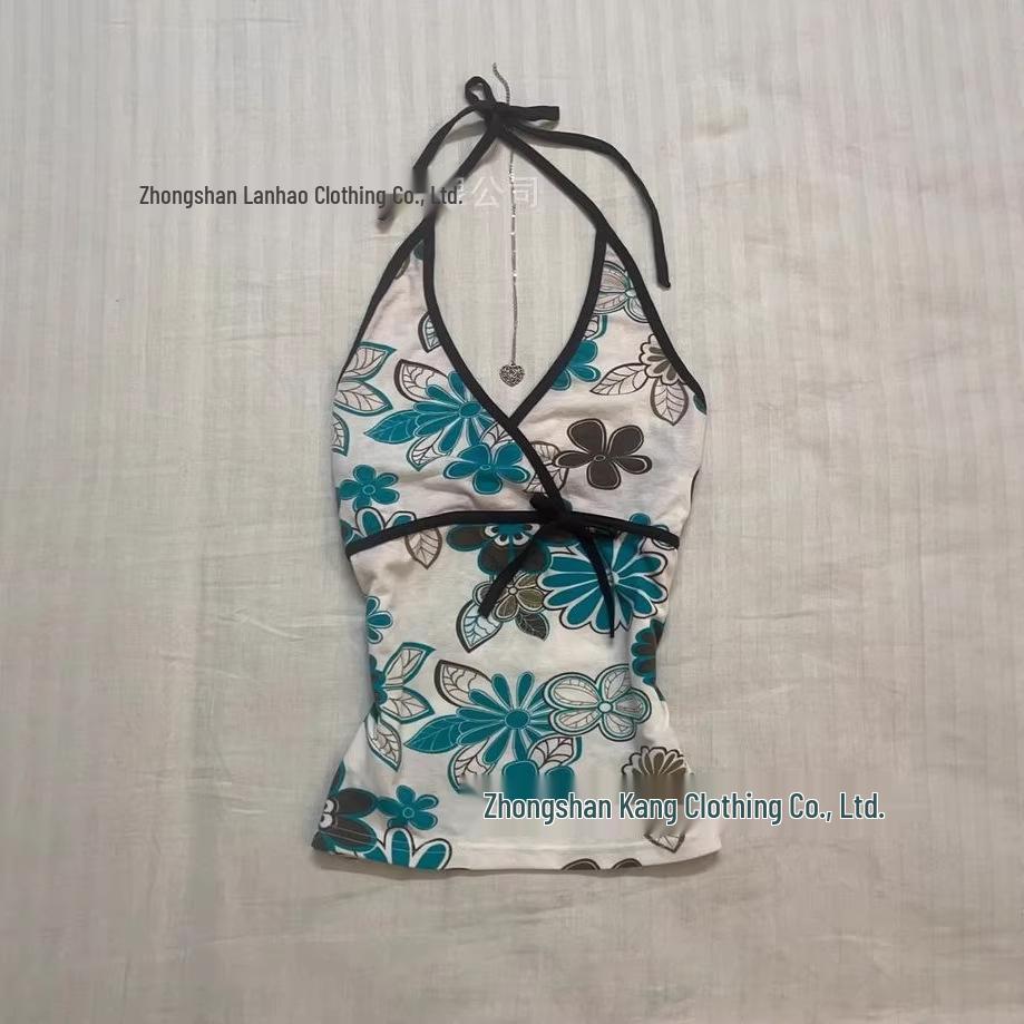 Blue & White Floral Halter Tank for Women - Slimming, Sleeveless Base Layer