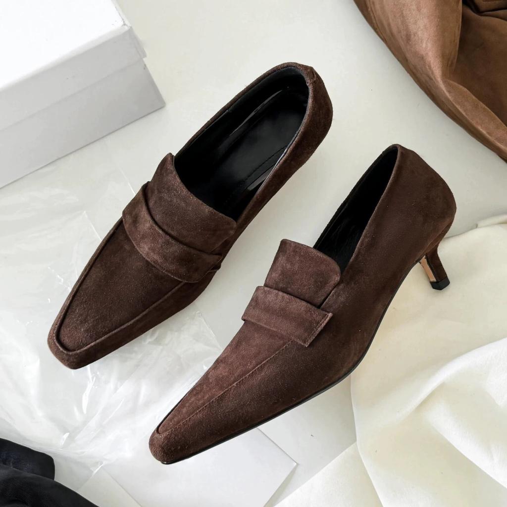 Sheepskin Version~ Retro Suede Small Square Head Thin Heel Cat Heel Deep Mouth Loafers Single Shoes Women's Shoes Commuter Shoes High Heels