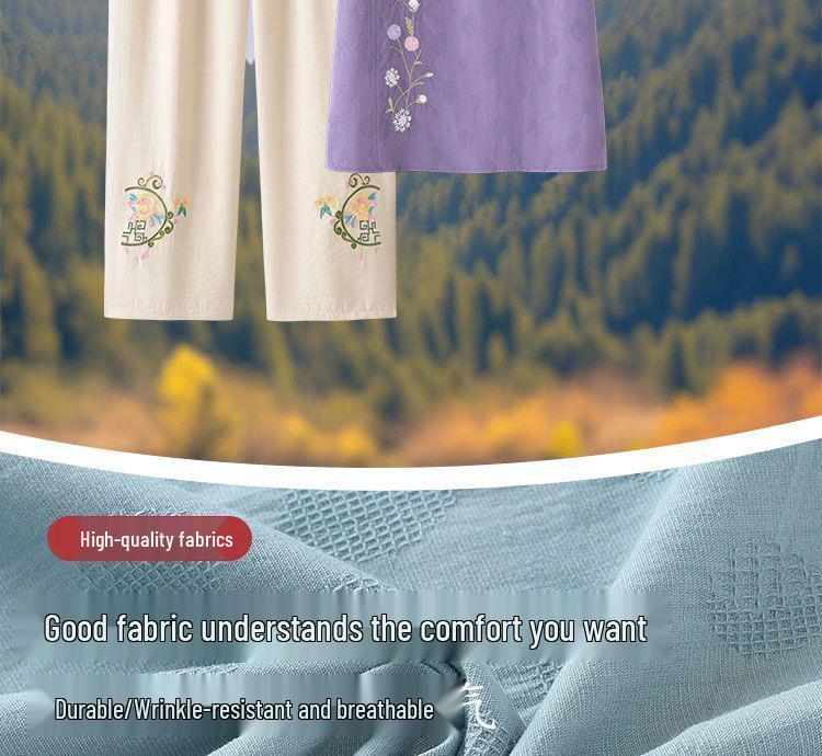 Summer Embroidered Two-Piece Home Set for Mature Women - Thin Cotton & Linen