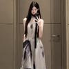 New Chinese Style Ink and Wash Floral Sleeveless V-neck Dress Children's Summer High-end New Temperament Dress