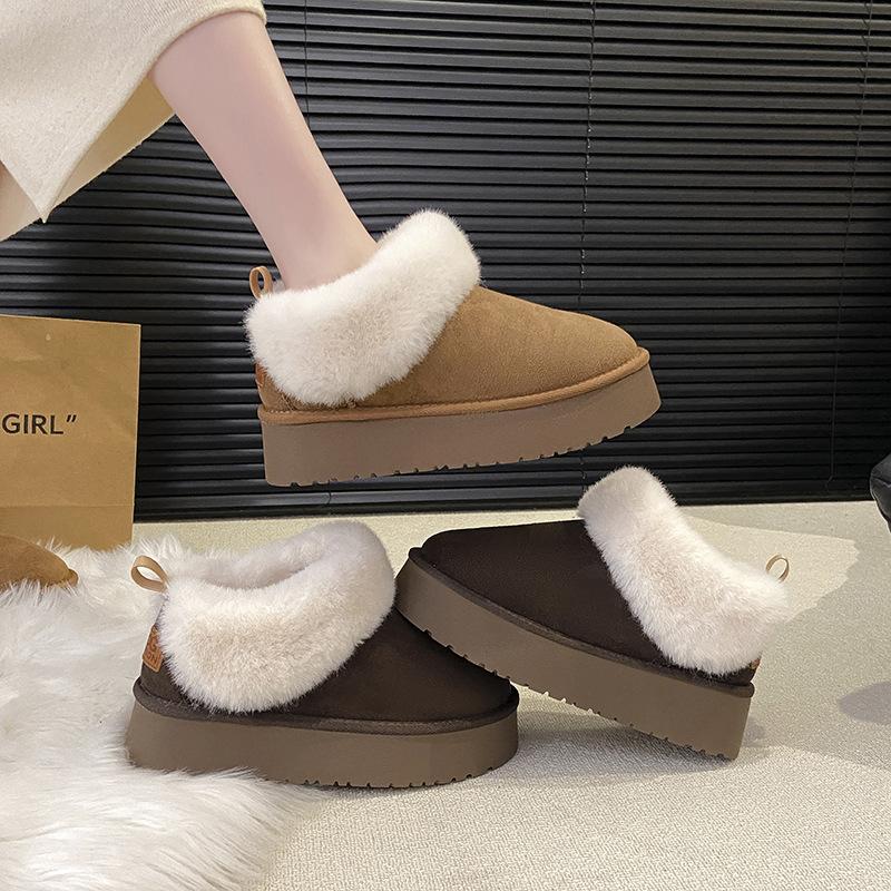 Snow Boots Women's 2025 New Fur Integrated Thick Sole Heightening Short Tube Piled and Thickened Lazy One-pedal Cotton Shoes
