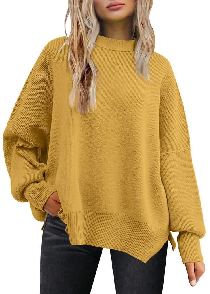 2025 Women's Round Neck Batwing Long Sleeve Knit Sweater with Exposed Seam and Side Slit