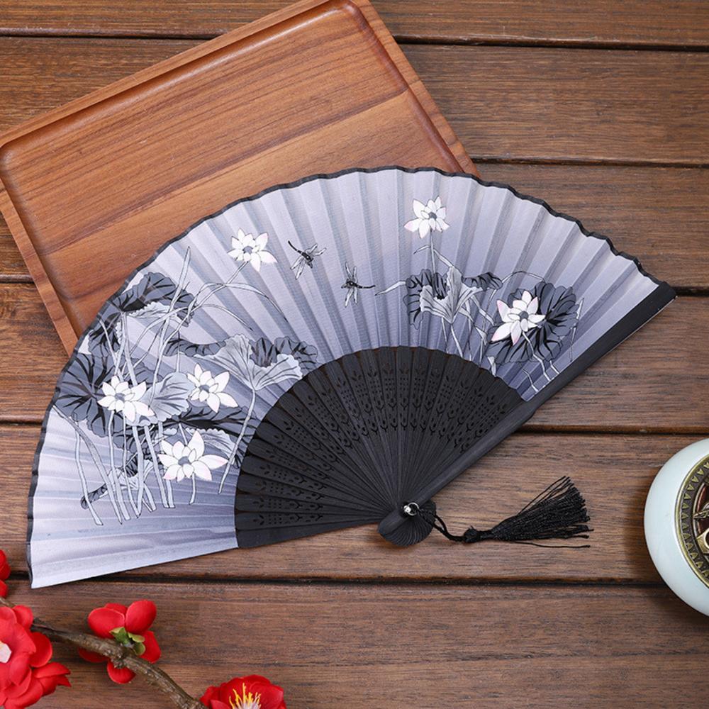 Chinese Japanese Folding Fan Wooden Shank Classical Dance Fan Tassel Elegent Female Fan Party Art Craft Gift Home Decoration
