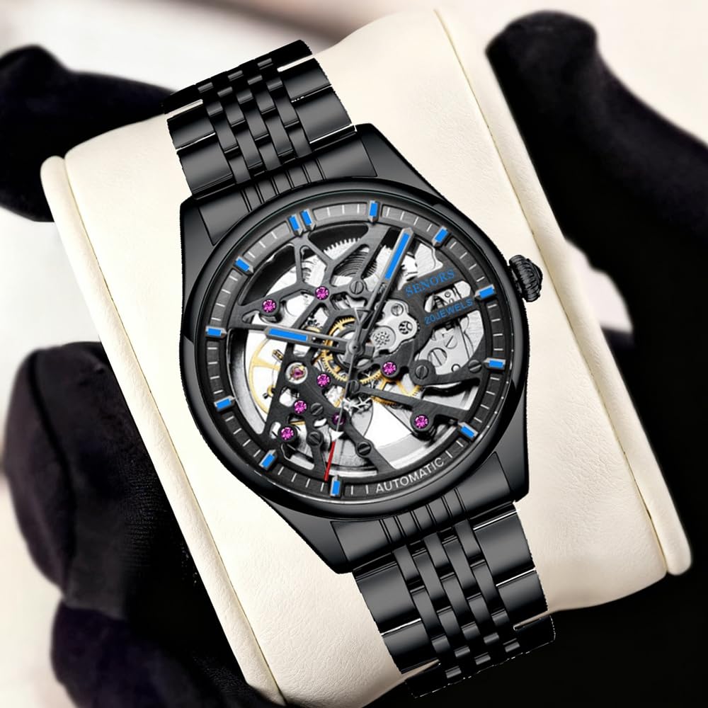 Luxury Men's Skeleton Automatic Mechanical Watch Stainless Steel Bracelet Hollow Self-Winding Wrist Watch Luminous Analog Dress Watch for Men
